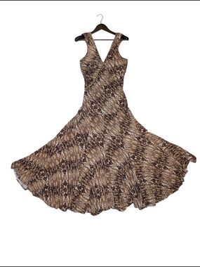 Caribbean Queen L Brown Snake Reptile Print Stretch Maxi Dress V-Neck Wide Skirt